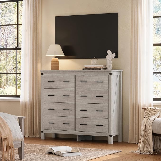 LINSY HOME Farmhouse 8 Drawer Double Dresser for Bedroom, 50” Wide Rustic Wood Chest with Deep Drawers, Modern Dressers with Storage and Metal Handles for Closet, Living Room, Hallway, Wash Grey