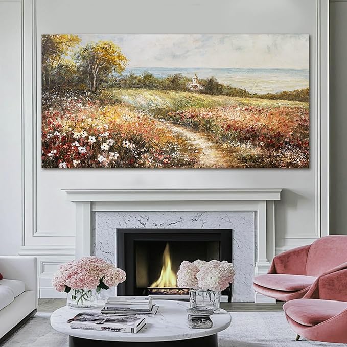 YETHEN WAL Floral Country Meadow Canvas Wall Art – Extra Large Cottage Landscape Panoramic Print, Rustic Farmhouse Countryside Décor for Living Room Bedroom, 29×58 Inch