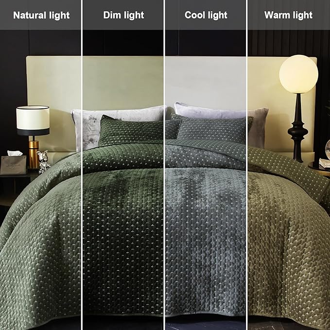 Velvet Quilt King Size, Oversized Bedspread Quilted Bedding Set, Luxurious Soft Coverlet Set Lightweight Velvet Comforter for All Season with 2 Pillow Shams, 96x106" Army Green Striped Quilt Set