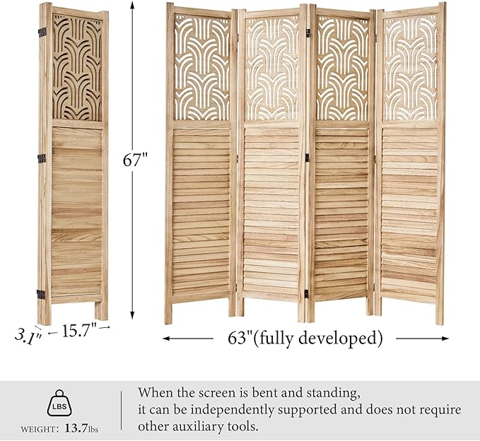Svimi Folding Room Divider, 66.9 Inch 4 Panels Wood Carved Privacy Screens, Free Assembled Freestanding Portable Separation Wall for Home Office Bedroom (Natural)