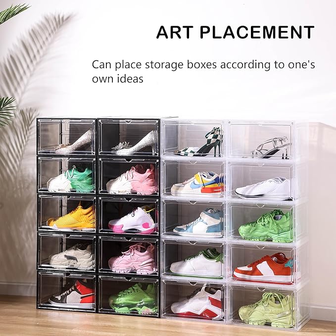 Attelite 8 Pack Shoe Boxes Clear Plastic Stackable, Upgrade Large Shoe Storage Organizer Containers with Magnetic Door for Display Sneaker, Easy Assembly