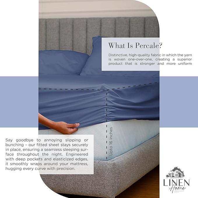 Linen Home 100% Cotton Percale Sheets King Size, Dark Blue, Deep Pocket, 4 Pieces Set - 1 Flat, 1 Deep Pocket Fitted Sheet and 2 Pillowcases, Crisp Cool and Strong Bed Linen