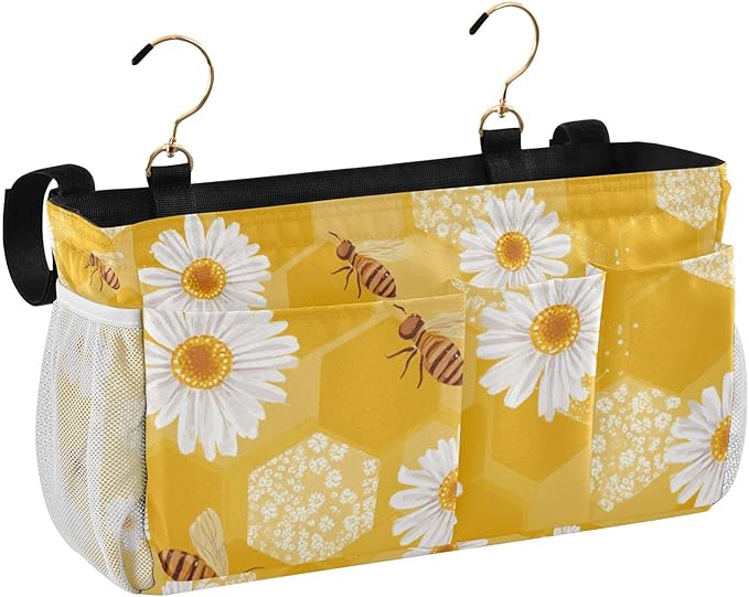 Bedside Caddy Hanging Bunk Bed Caddy Bed Organizer Hanging Pocket with 2 Hooks Bedside Storage Organizer Pocket Bag Holder Yellow Honeycomb Bee Daisy