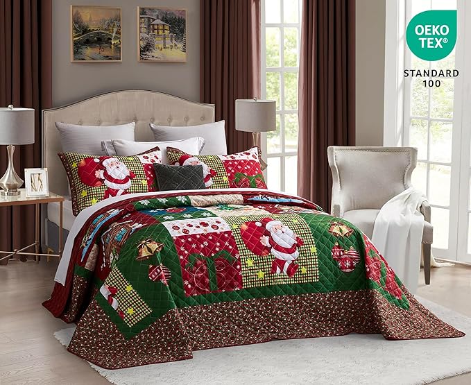 CHIXIN Christmas Oversized Bedspread King Size, Santa Claus Pattern Bedding Quilt, Rustic Lodge Plaid Patchwork Coverlet Set, Lightweight & Soft Microfiber, 3 Piece, King/Cal King