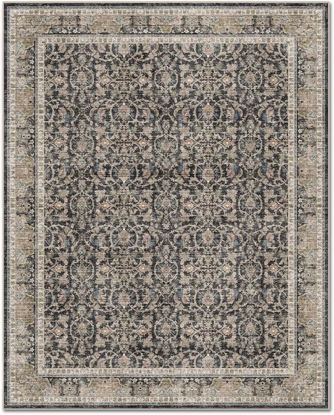 Washable 10x14 Area Rugs for Living Room, Boho Non-Slip Vintage Distress Large Rugs for Bedroom Dining Room Office, 0.3" Neutral Oriental Throw Thin Carpet, Black/Brown/Blue/Multi