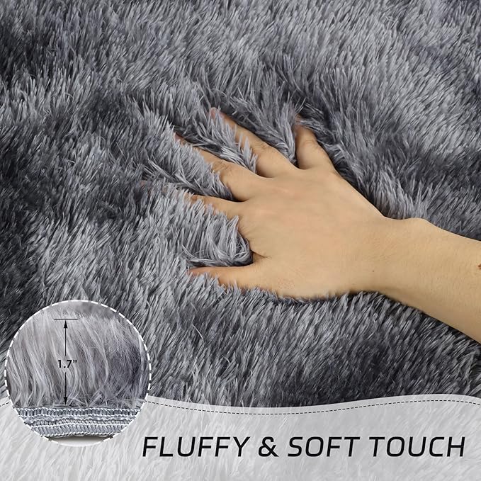 duduta Grey Plush Runner Rugs for Bedroom 2x6 ft, Tie Dye Fluffy Gray Shag Rug for Dorm Nursery Bedside, Machine Washable Non Slip