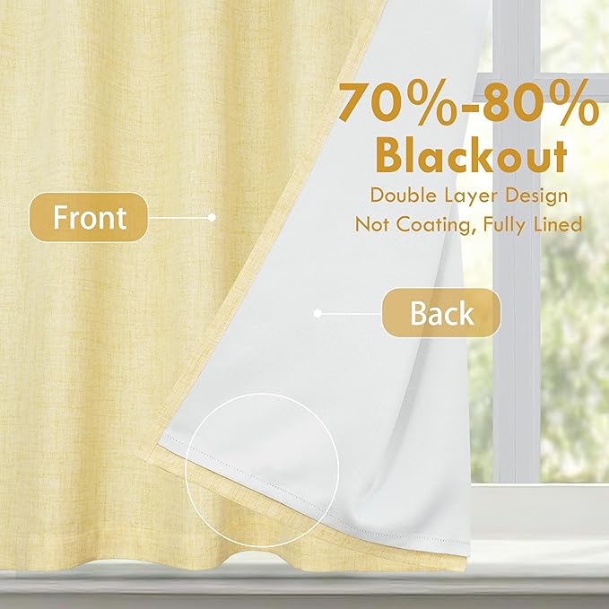 DriftAway Double Layer Linen Blackout Tie Up Curtains Thermal Insulated Fully Lined Balloon Roman Shade Bathroom Window Adjustable Rod Pocket for Small Window 31 Inch by 47 Inch Yellow