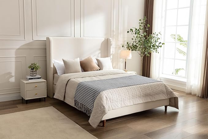 California King Size Upholstered Bed Frame, Platform Bed Frames with 54" Tall Headboard Wingback, Strong Wood Slats Support/No Box Spring Needed/Elegant Simplicity/No Noise, Beige Boucle