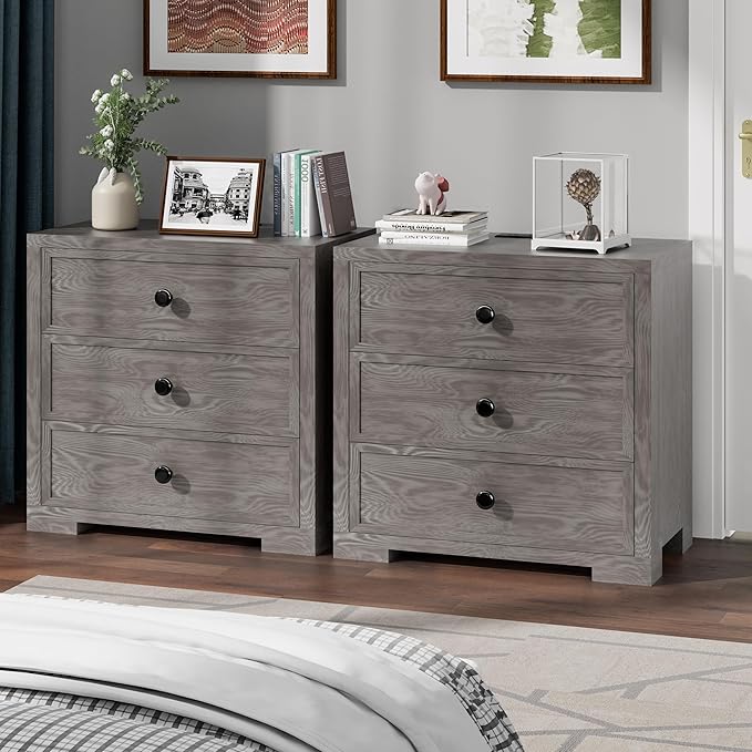 COWMOU Nightstand with Drawers 3 Drawer Night Stand with Charging Station Farmhouse Style Large Bed Side Table Wooden Dresser for Bedroom Living Room (1, Grey Grain)