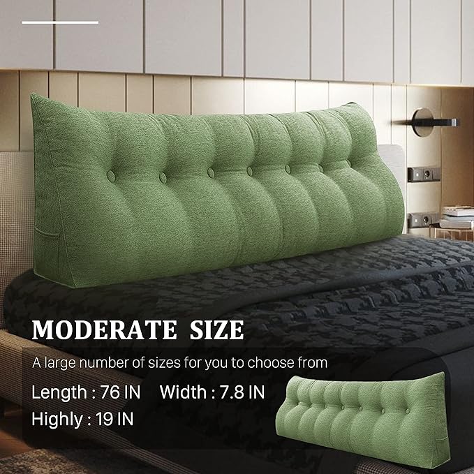 homecozy Wedge Headboard Pillow Dorm Room Reading Pillow Back Support for Sitting Up in Bed Bolster Lumbar Cushion Body Positioning Bedrest Cotton Linen 76in Grass Green King