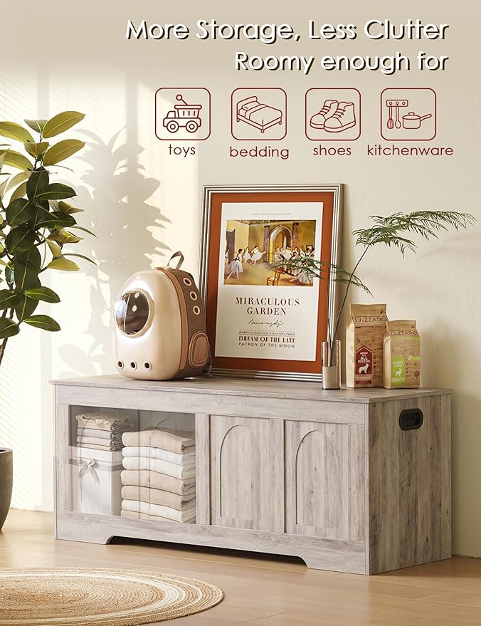 DINZI LVJ Storage Chest, 47.2" Rattan-Like Toy Box with 2 Safety Hinges, Wooden Entryway Storage Bench with Flip-Top, Large Trunk for Living Room, Bedroom, Easy Assembly, Greige