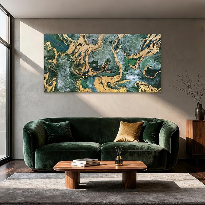 YETHEN WAL Green and Gold Abstract Canvas Wall Art 24×48 inch Horizontal, Emerald Marble Fluid Art, Gallery Wrapped, Ready to Hang, Modern Luxury Decor for Living Room Bedroom Entryway
