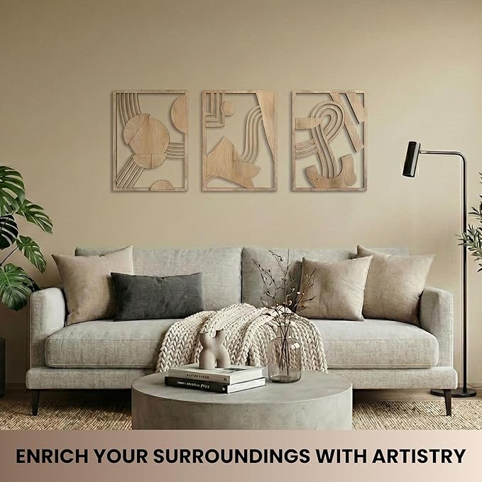 qmmp Modern Wooden Wall Sculptures - Set of 3 - Home Decor Accent - Large Wall Art for Living Room, Bedroom, Office - Easy Installation (Oak, Large - Abstract Shapes)