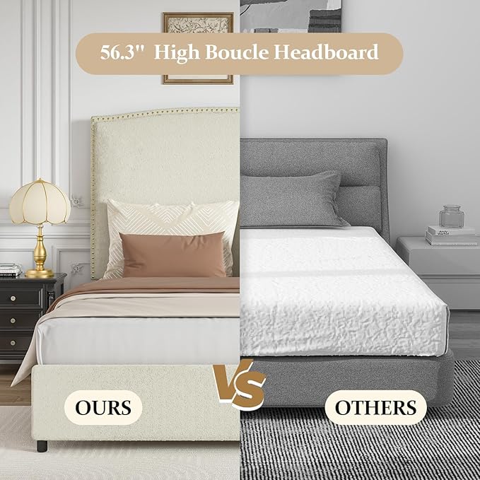 Full Size Bed Frame with Headboard, 56" Upholstered Platform Bed with Nailhead Trim, Soft Boucle Fabric, No Box Spring Needed, Easy Assembly, Cream