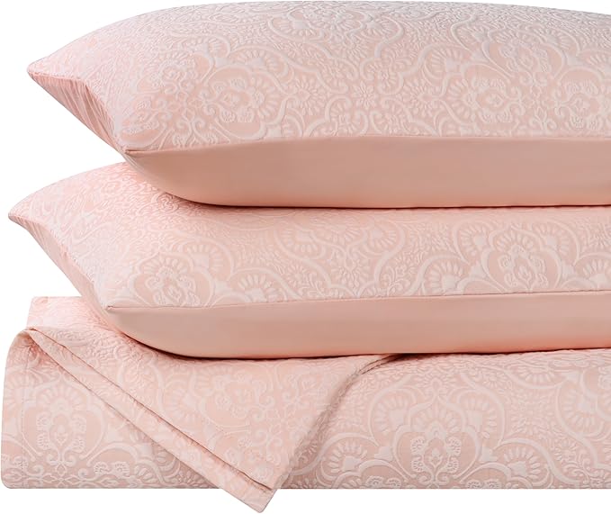 Superior 3 Piece Bedspread Set, Home Bed Decor, Decorative Bed Spread, 2 Pillow Shams, Medium Weight Blanket, Floral Matelasse Coverlet, Bedding Essentials, Enzy Collection, Queen, Peach