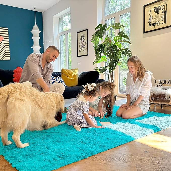 OLANLY 2x3 Machine Washable Small Bedside Rug, Soft Fluffy Shaggy Entryway Throw Rugs for Bedroom, Living Room, Indoor Floor Carpet for Kids Girls Boys, Nursery Rooms, Home Decor Aesthetic, Teal Blue