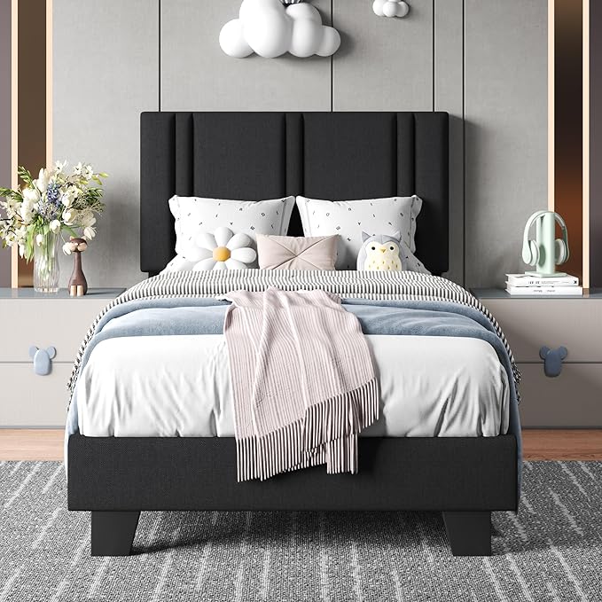 Upholstered Twin Size Bed Frame with Linen Fabric Headboard, Strong Wooden Slats Support, Noise Free, No Box Spring Needed, Black
