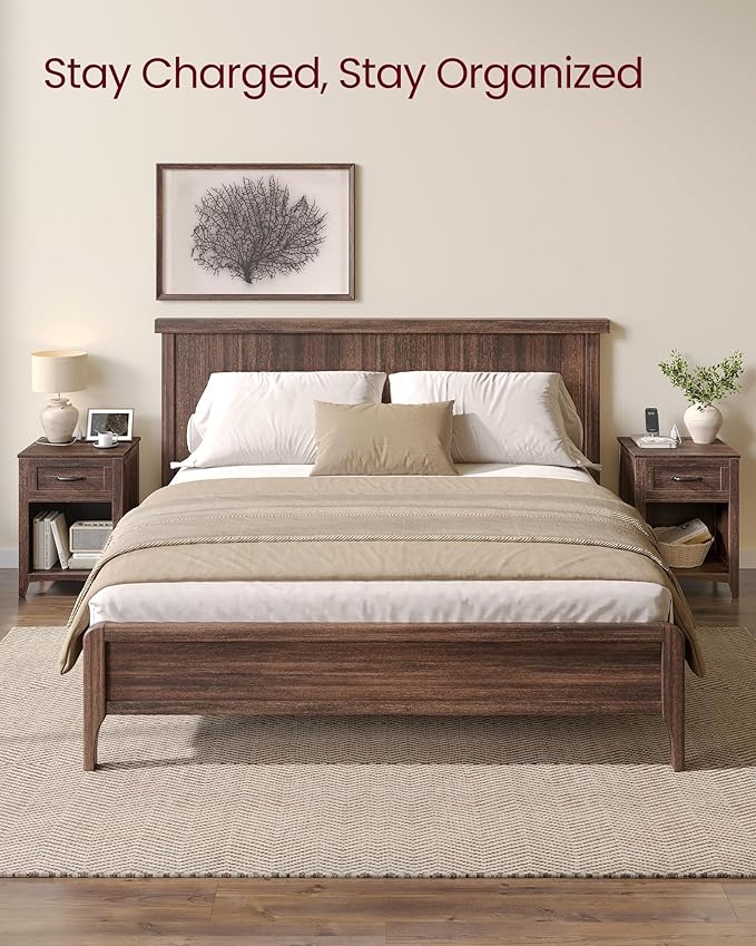 VASAGLE LIRY Collection - Farmhouse Nightstand with Charging Station, Bedside Table, Side Table with Drawer, Open Compartment, for Bedroom, Maroon Brown ULET659K51