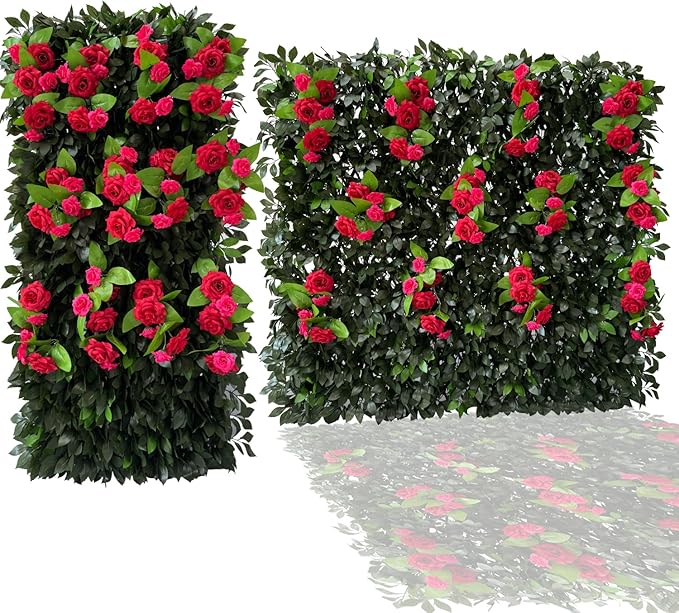 Sumery Expandable Fence Privacy Screen for Balcony Patio Outdoor,Decorative Faux Ivy Fencing Panel,Artificial Hedges (Single Sided Leaves) (4, Branches -Red Rose)