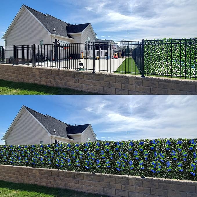 GLANT Expandable Fence Privacy Screen for Balcony Patio Outdoor,Decorative Faux Ivy Fencing Panel,Artificial Hedges (Single Sided Leaves) (2, Branches -Blue Rose)