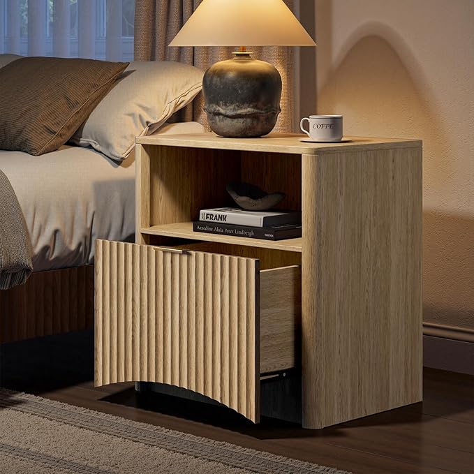 Evermagin Fluted Nightstand Set of 2, Natural Oak Bedside Table with Drawer and Storage, Wood End Table Mid Century Modern, Large Night Stand for Bedroom