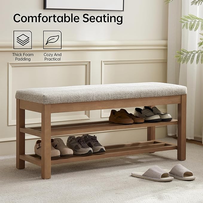 VKNOW Entryway Bench, 44.3” Upholstered Shoe Bench for Bedroom, 2-Tier Storage End of Bed Bench with Rubberwood Legs for Living Room, Hallway, Brown