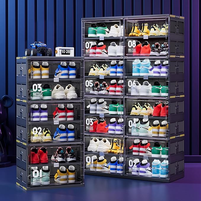 JEKO&JEKO 8-Tier Double-Column Foldable Shoe Storage Cabinet with Magnetic Doors, Large Collapsible Shoe Rack Organizer for Entryway, Fits Up to 32 Pairs, Black