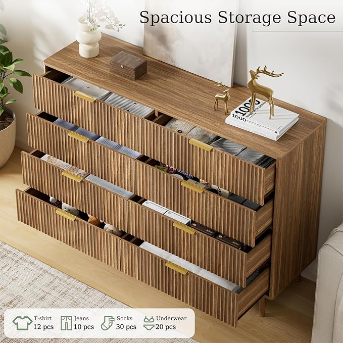 LYNSOM Fluted Dresser and Nightstand Sets 3 Piece, 8-Drawers Dresser and 1-Drawer Nightstands Set of 2, Wood Bedroom Furniture Set for Home, Bedroom, Hallway, Walnut
