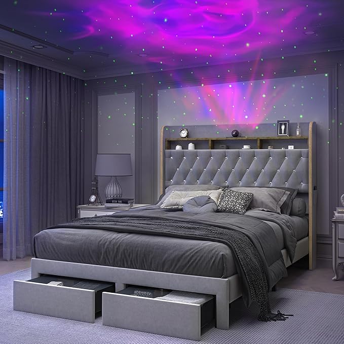 King LED Bed Frame with 2 Storage Drawers, PU Upholstered Platform Beds with Galaxy Star Projector Charging Station Speaker, Aurora Bedframe with 2-Tier Storage Headboard, Noise-Free, Black
