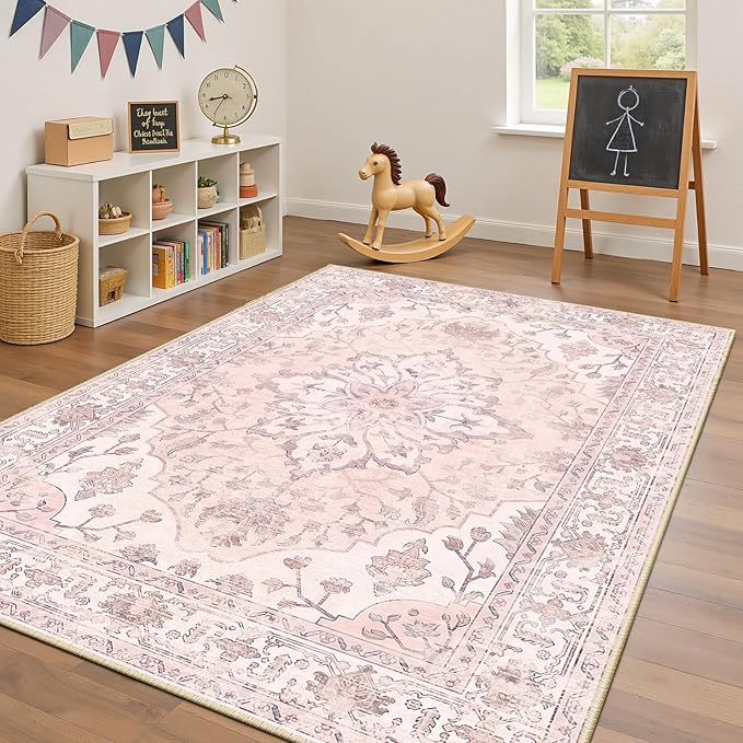 Area Rugs 4'x6' Washable Non-Slip, Floral Vintage Distress Print Pattern Medallion Carpet for Living Room Bedroom Dining Room, Pink Greypink Cute