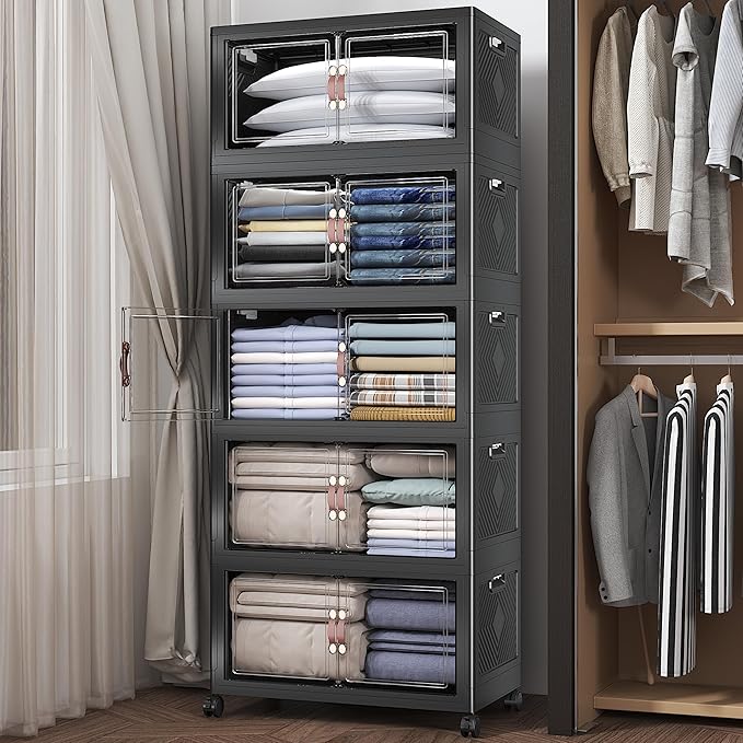 Extra Large Stackable Storage Bins with Lids&Wheels,625QT-125QT/32GAL*5Pack Collapsible Container Closet Organizers,Plastic Stackable Storage drawers for bedroom Dorm