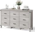 LINSY HOME Dresser for Bedroom with 9 Drawers, 59” Wide Chest with Deep Drawer, Modern Farmhouse Dresser TV Stand with Metal Handles, Wood Storage Cabinet for Closet, Living Room, Hallway, Wash Grey
