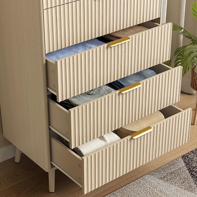 CARPETNAL Fluted 5 Drawers Dresser for Bedroom, 45" Tall Wooden Chest of Drawers with Rounded Corners, Gold Handles, Modern Storage Organizer for Bedroom, Hallway (Beige)