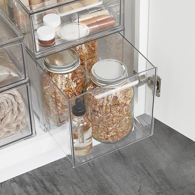 mDesign Plastic Stackable Bathroom Storage with Pull Out Bin Organizer Drawer for Cabinet, Vanity, Shelf, Cupboard, Cabinet, or Closet Organization - Lumiere Collection - 8 Pack - Clear