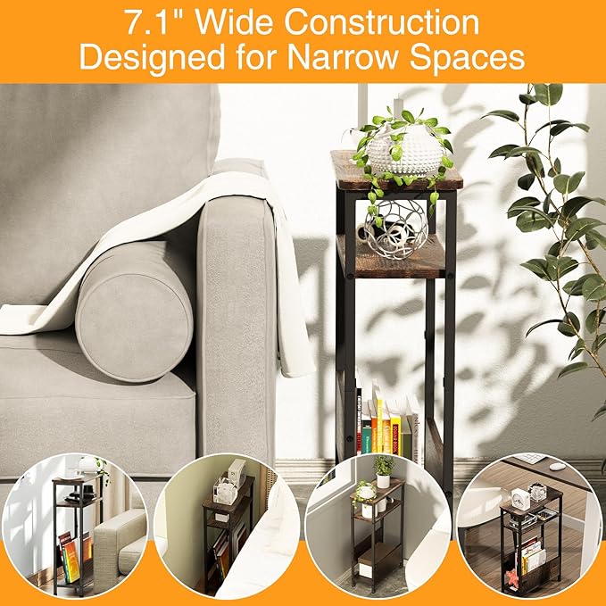 THUMEYE 7.1" Narrow Side Table for Small Spaces, 3 Tier Small End Table with Magazine Holder, Slim/Skinny Nightstand/Bedside Table for Living Room, Bedroom, 15.4" L x 24.2" H