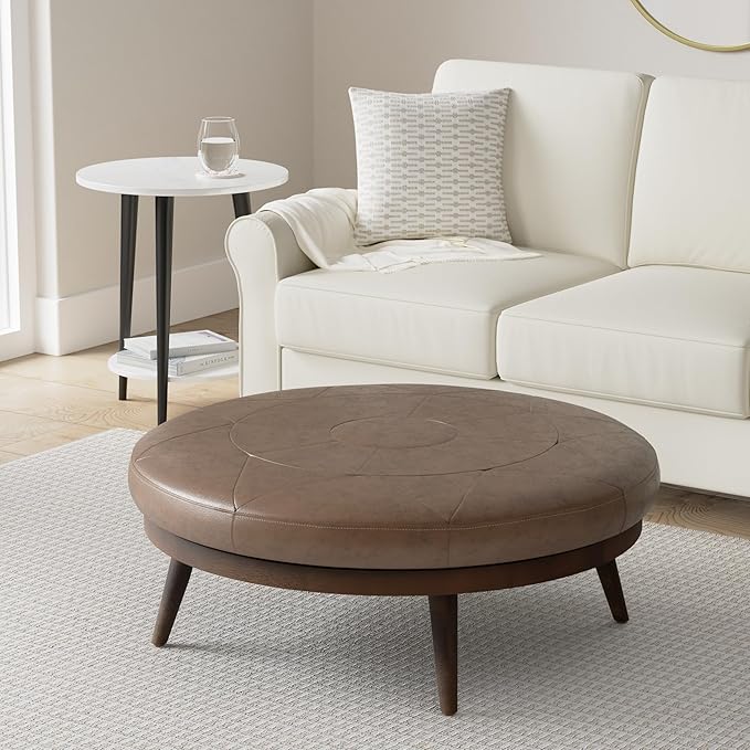 Poly & BARK Gio Ottoman – 30” Round with Feather-Down Topper – Full-Grain Leather Upholstery – Couch Ottoman for Living Room – Vintage Italian Leather in Cocoa Brown