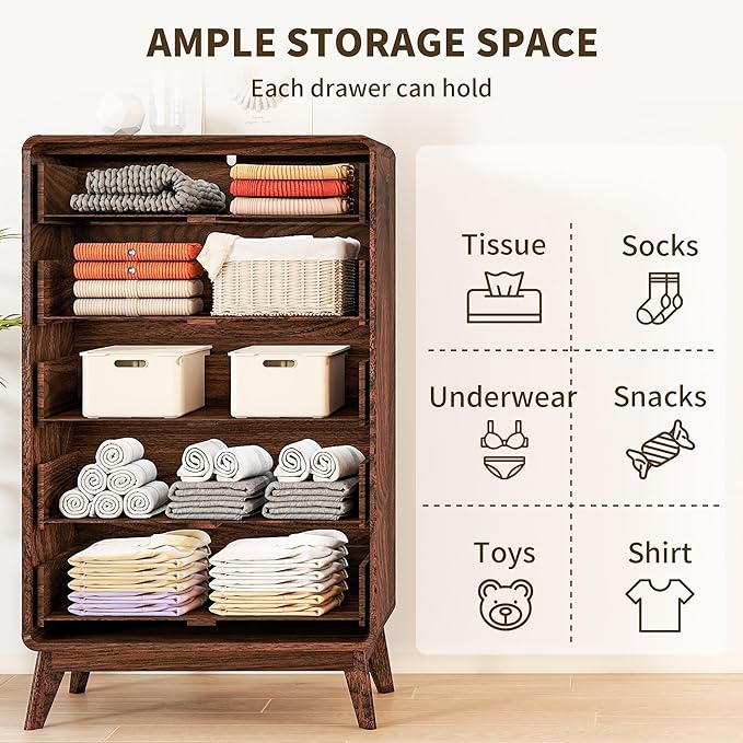 50" Tall Dresser for Bedroom, Vertical Dressers with 5 Drawers and Curved Profile Handleless Design, Chest of Drawers with Natural Texture for Living Room, Hallway and Entryway,Nautral