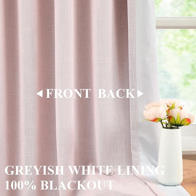 Vision Home Soft Pink Linen Full Blackout Curtains 120 inch for Bedroom Living Room Darkening Soundproof Window Panels Thermal Insulated Rod Pocket Back Tab Neutral Drapes 10FT 56" Wx120 Lx2