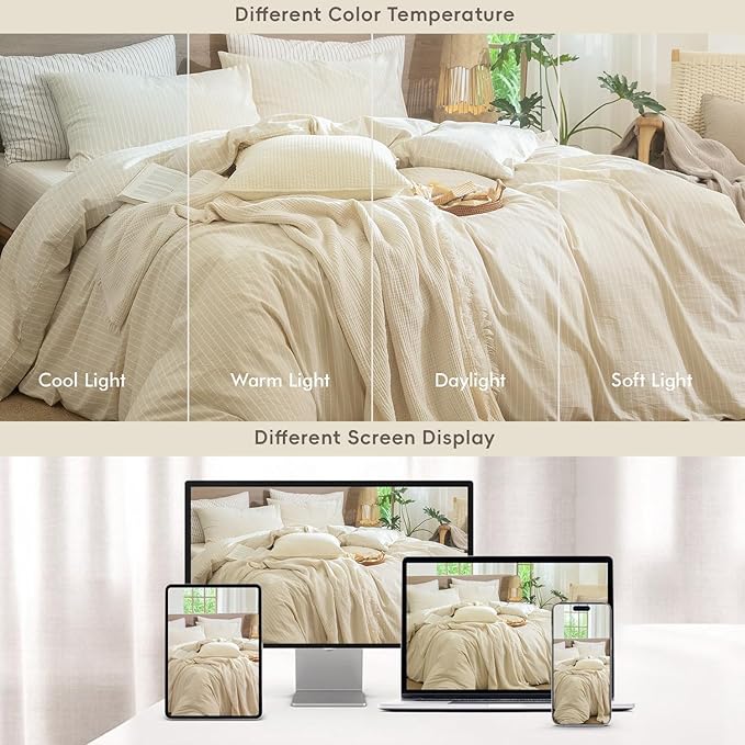 MooMee Striped Duvet Cover Set 100% Washed Cotton Linen Like Textured Breathable Durable Soft Comfy (Almond Milk Grey White Wide Stripes, Oversized Full 82"x86")