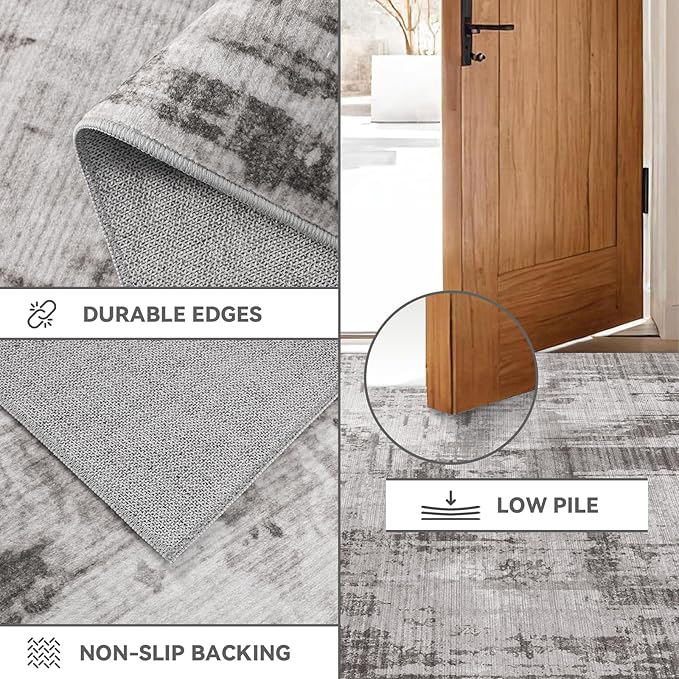 Machine Washable Area Rugs 8x10, Large Modern Abstract Rugs for Living Room Grey Indoor Floor Non-Shedding Carpets for Bedroom Dining Farmhouse Home Office | Grey