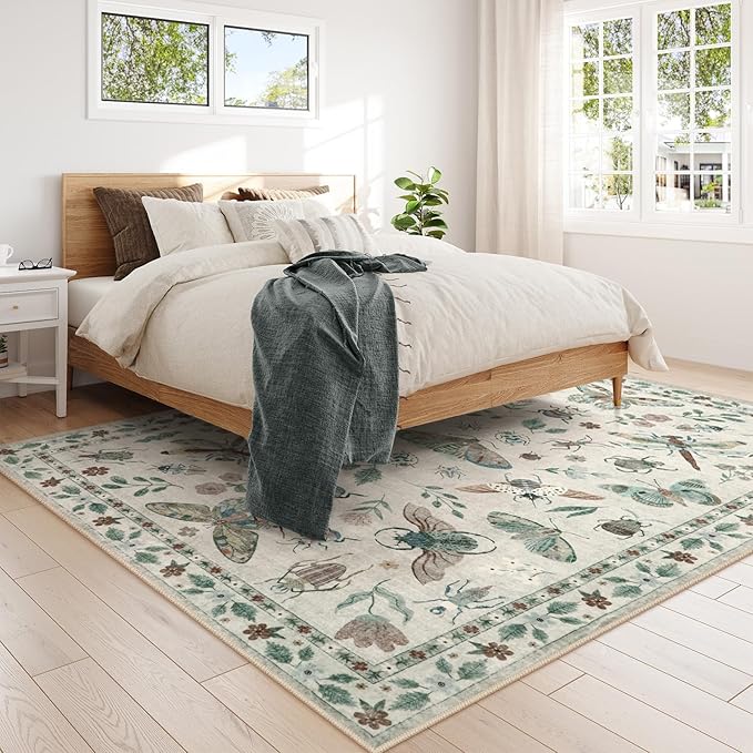 Lahome Insect Print Washable Rugs for Living Room, Soft 6x9 Area Rugs for Bedroom, Ultra-Thin Non Slip Modern Area Rug Low Pile Stain Resistant Throw Carpet for Dining Room Office(6'x9',Beige)