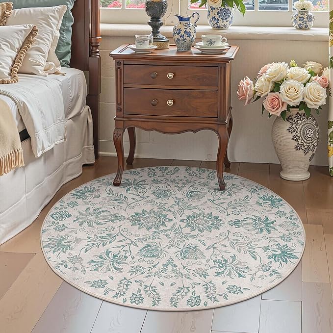 jinchan Torino Classic Floral Round Rug 4ft Vintage-Inspired Design 4’Circle Rug, Machine Washable Ultra-Thin Low-Pile Non-Slip Indoor Carpet for Bedroom Dining Room Living Room Entryway