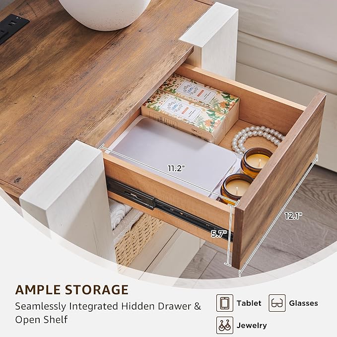 OKD Modern Nightstand with Charging Station, 24" Large Bedside Table, Rustic End Table with Drawers & Open Shelf for Bedroom/Living Room, Night Stand Wood Thick Design,Antique White
