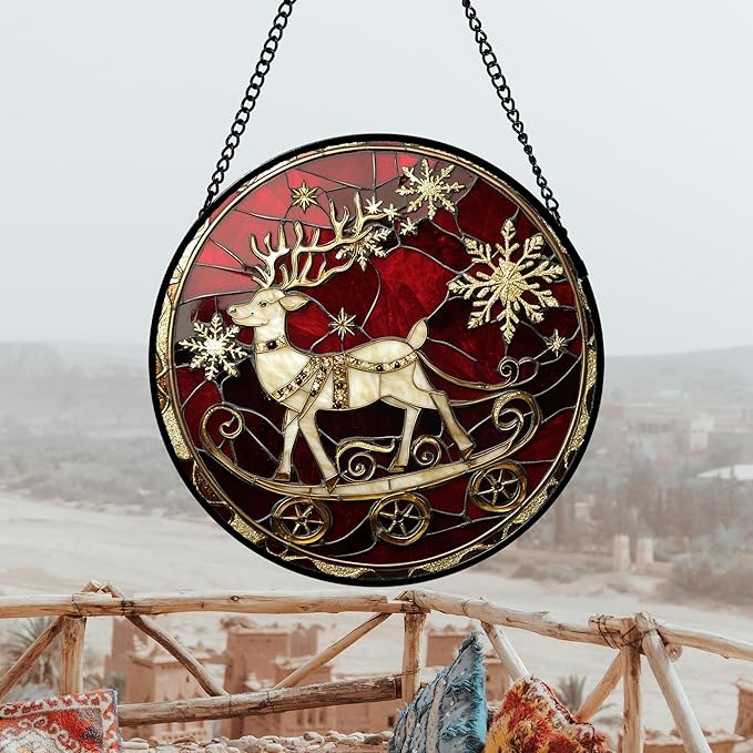 Stained Glass Window Hanging 4 Pcs Set Red Christmas Elk Snowflakes Large 11.8" - Deer Suncatcher Door Garden Sun Catcher Decor Birthday for Mom Woman Nana Men Friend
