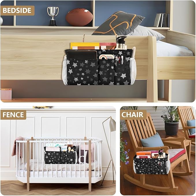 Bedside Caddy Hanging Bunk Bed Caddy Bed Organizer Hanging Pocket with 2 Hooks Bedside Storage Organizer Pocket Bag Holder Silver Stars Black