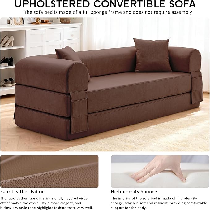 78.5" Convertible Sleeper Sofa Bed, Faux Leather Folding Floor Sofa with Pullout Bed&2 Pillows, No Assembly Modern Boneless Couch Compression Sofa in Box with Storage Pocket for Living Room, Brown