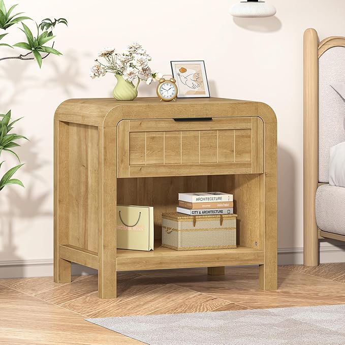 IKENO Wood Nightstand Set of 2 with Storage Drawer, 21" Wide NightStand with Curved Profile Design, Bedside End Table for Bedroom, Living Room, Closet (2, Natural Oak, 1 Drawer)