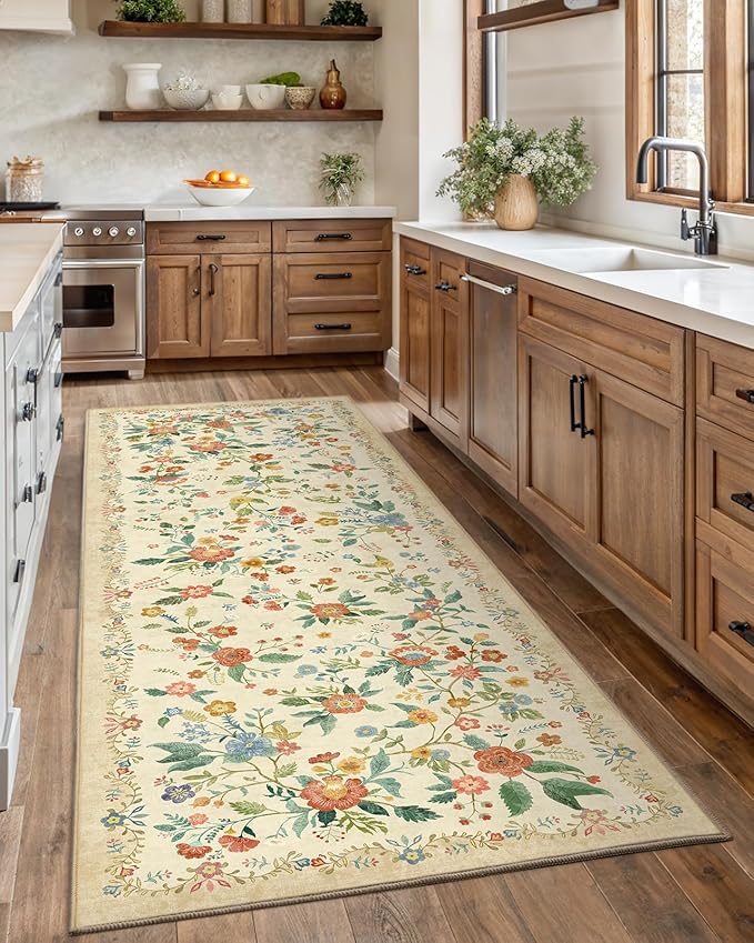 Amada 2x6 Washable Runner Rug, Non-Slip & Low-Profile Kitchen Area Rug with Durable Edge Binding, Boho Floral Pattern, Soft Long Entryway Runner Rugs for Bedroom & Hallway