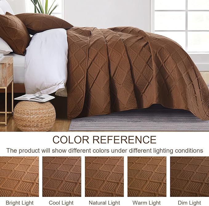 Yiran Brown Quilt Set Queen Size, 3 Piece Reversible Bedspreads Bedding Set, Winter Diamond Pattern Coverlet for All Season with 2 Pillow Shams (Full/Queen, 96x90 Inch)