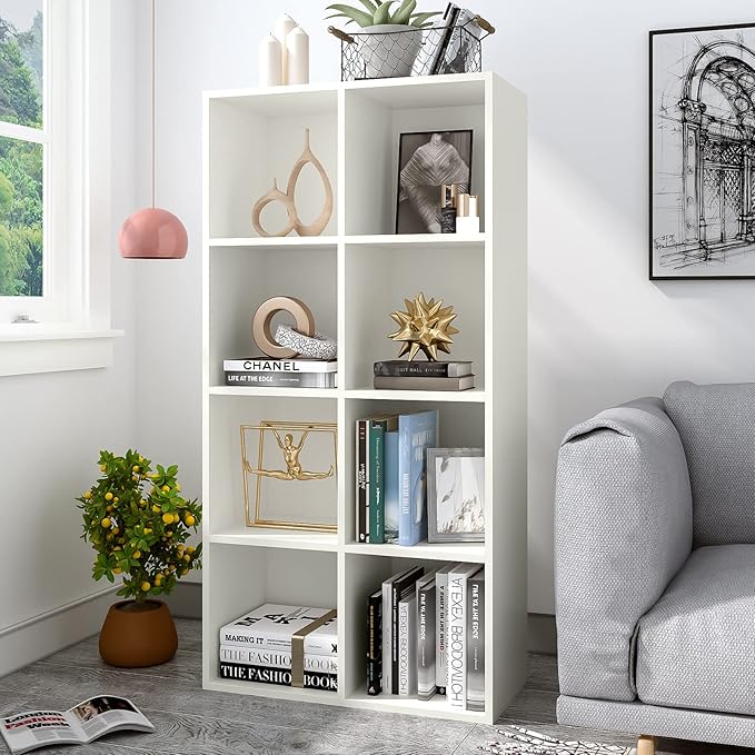 OSCHF 8-Cube Storage Shelf Bookcase - Wooden 4-Tier Floor Standing Open Bookshelf, Modern TV Stand up to 55 Inchs for Home and Office, Warm White